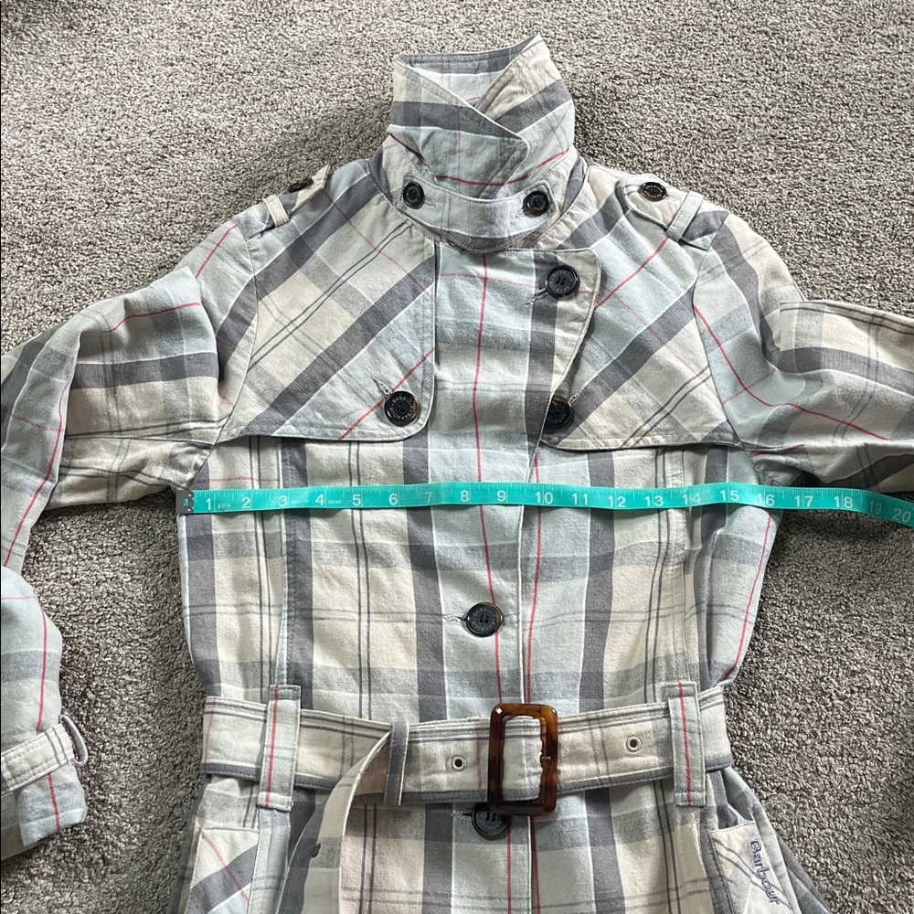 Classic Barbour Pastel Plaid sz4 Cotton Linen Tortoiseshell Hardware Trench EUC - Picture 7 of 16